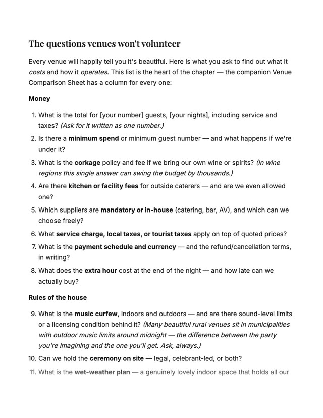 The venue questions page from Chapter 7