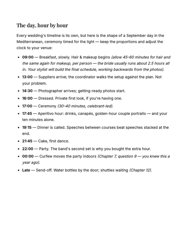 The wedding day hour-by-hour runsheet from Chapter 13